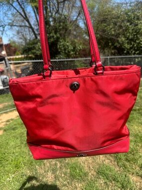 Coach Nylon & Leather Turnlock Tote Red F57903 2017 Large Shoulder Bag